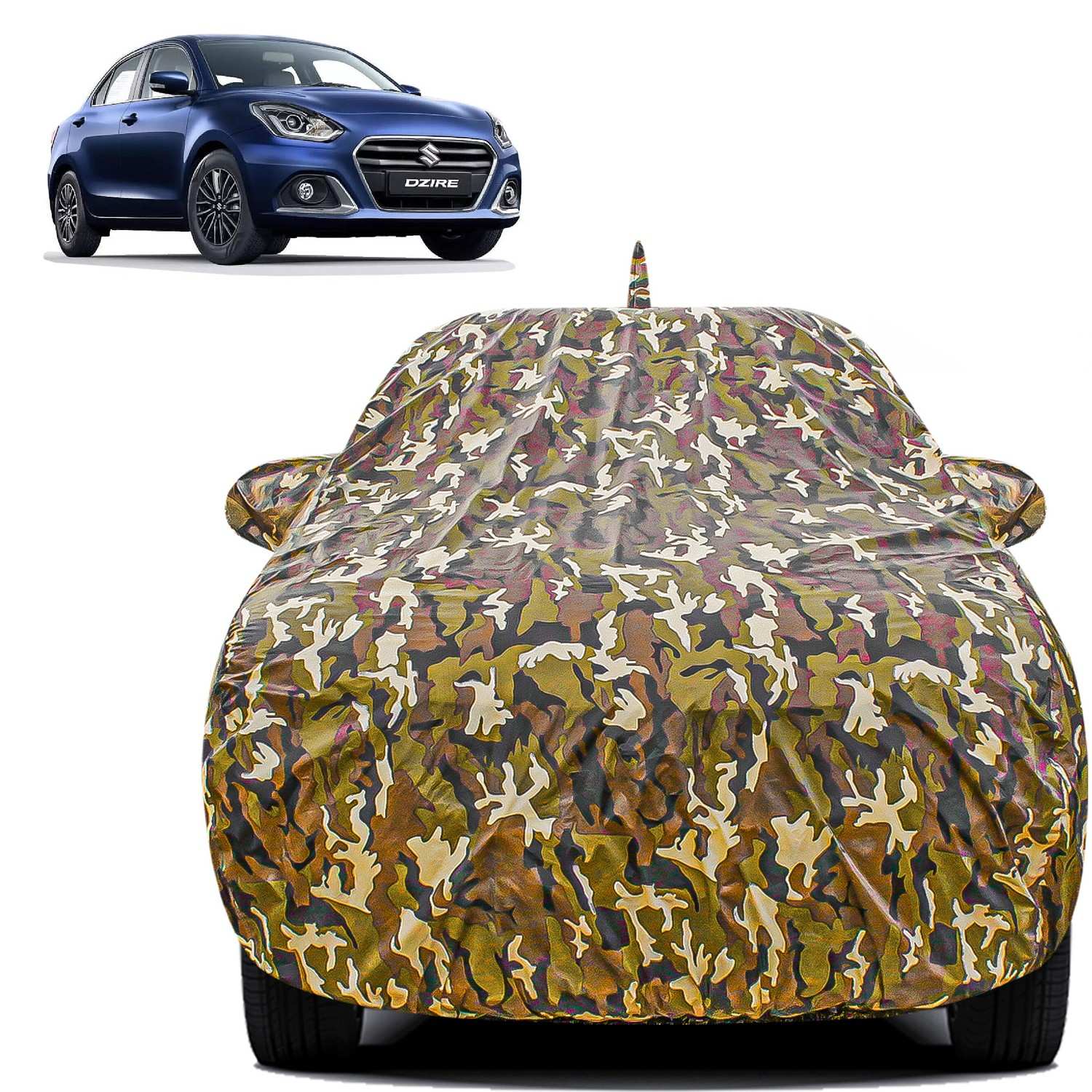 Carzex Waterproof & Heat Resistant Jungle Print Camouflage Design Car Body Cover with Mirror & Antenna Pockets?For Maruti Suzuki Dzire New