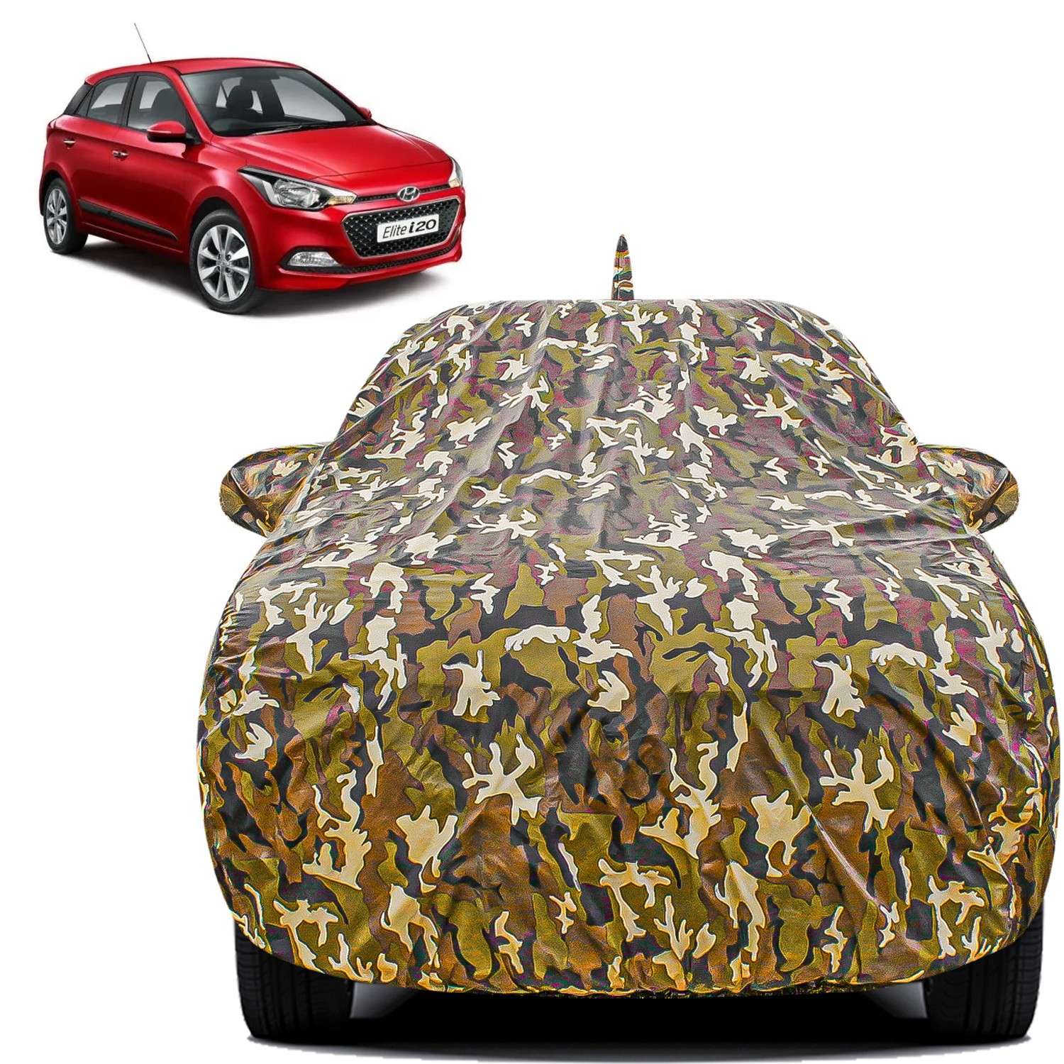 Carzex Waterproof & Heat Resistant Jungle Print Camouflage Design Car Body Cover with Mirror & Antenna Pockets?For Hyundai Elite i20