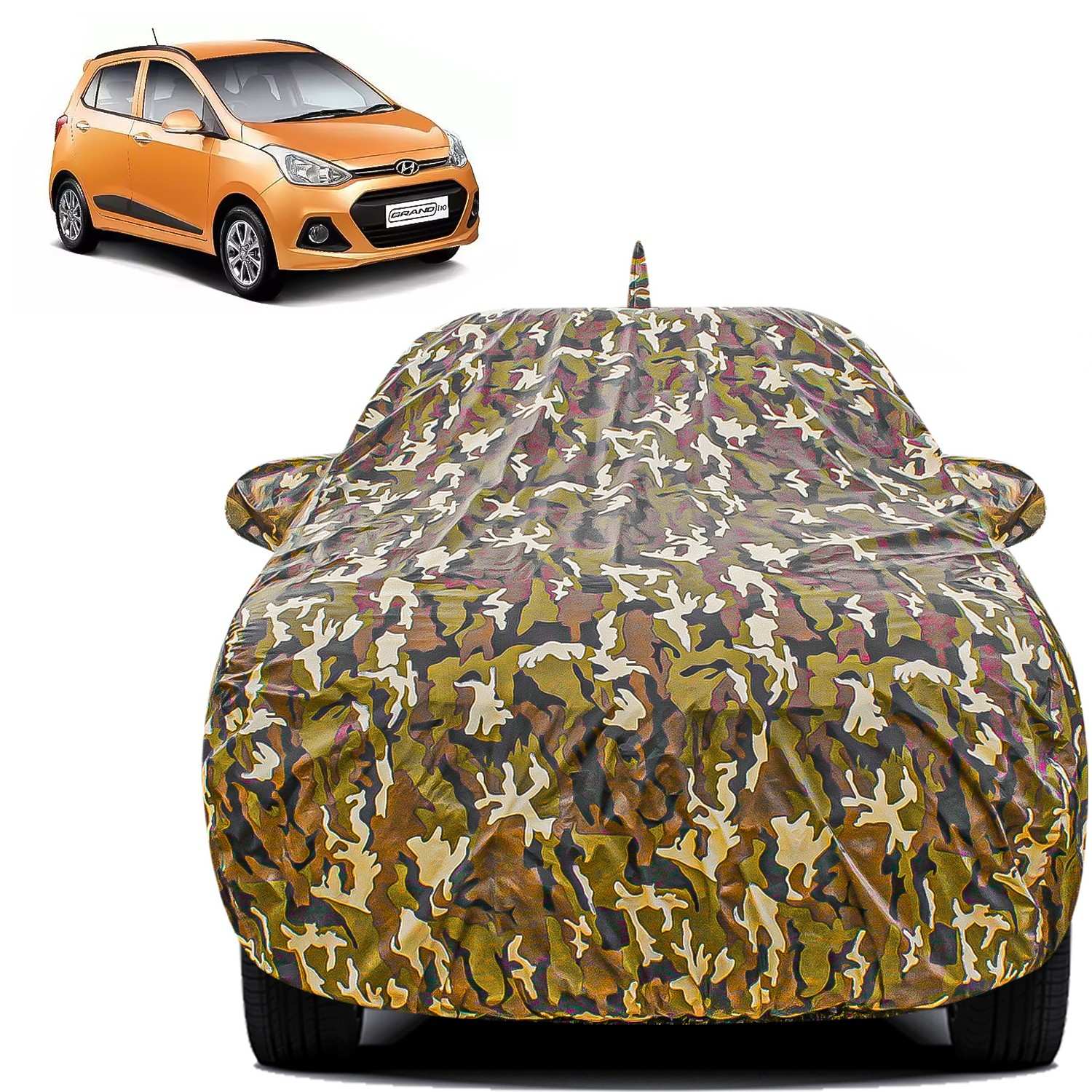 Carzex Waterproof & Heat Resistant Jungle Print Camouflage Design Car Body Cover with Mirror & Antenna Pockets?For Hyundai Grand i10