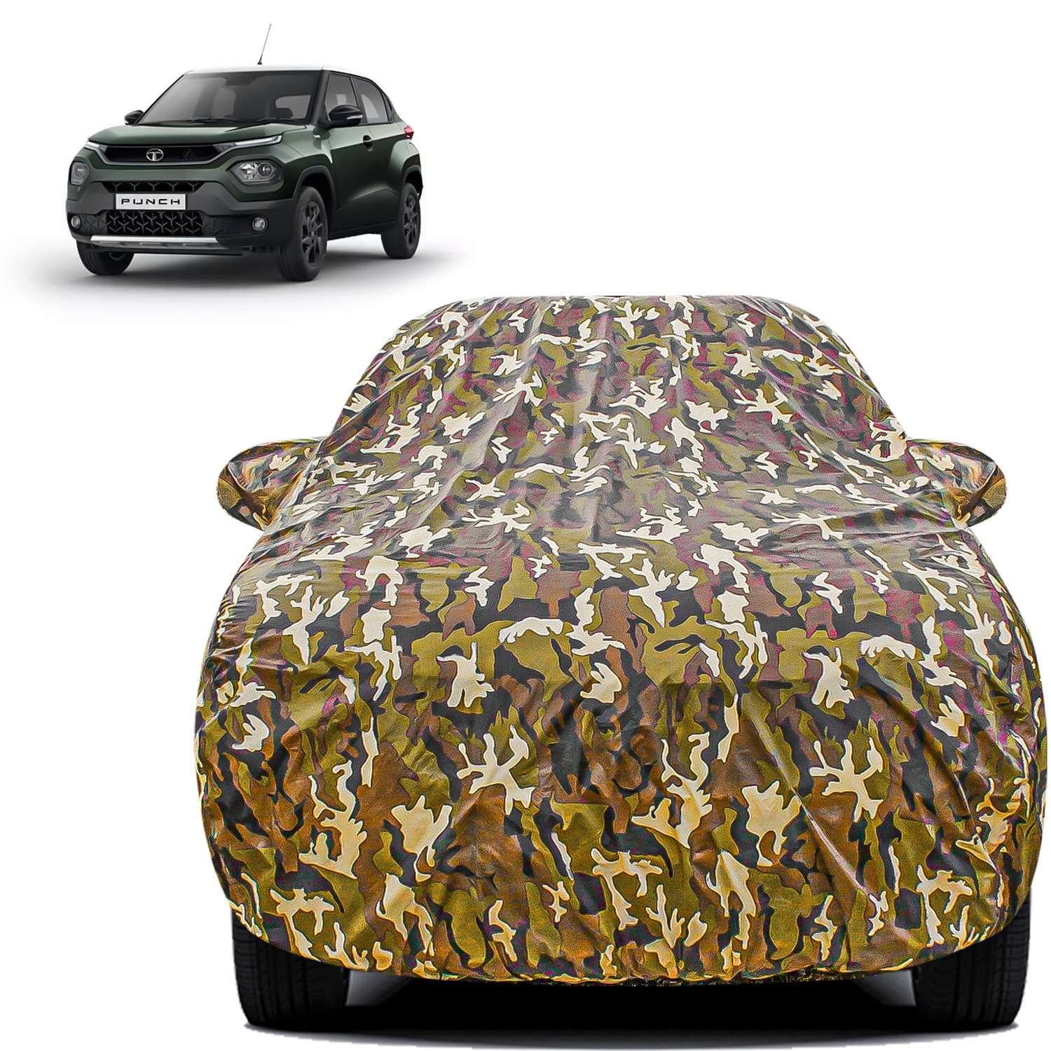 Carzex Waterproof & Heat Resistant Jungle Print Camouflage Design Car Body Cover with Mirror & Antenna Pockets?For Tata Punch