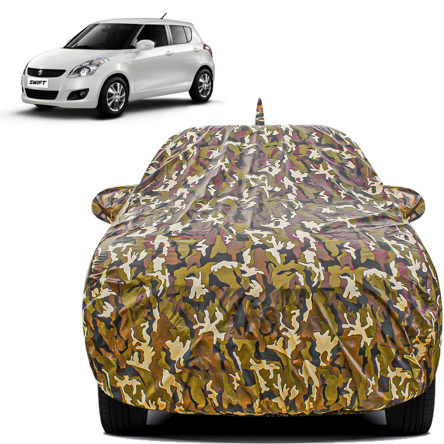 Carzex Waterproof & Heat Resistant Jungle Print Camouflage Design Car Body Cover with Mirror & Antenna Pockets?For Maruti Suzuki Swift Old