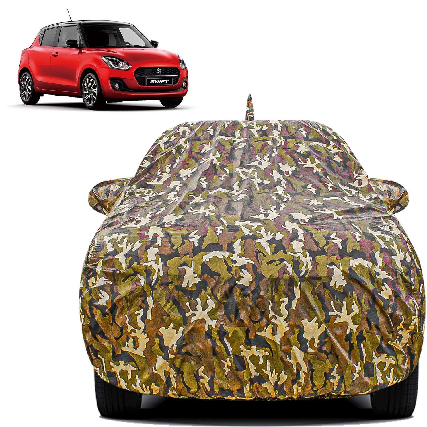 Carzex Waterproof & Heat Resistant Jungle Print Camouflage Design Car Body Cover with Mirror & Antenna Pockets?For Maruti Suzuki Swift New