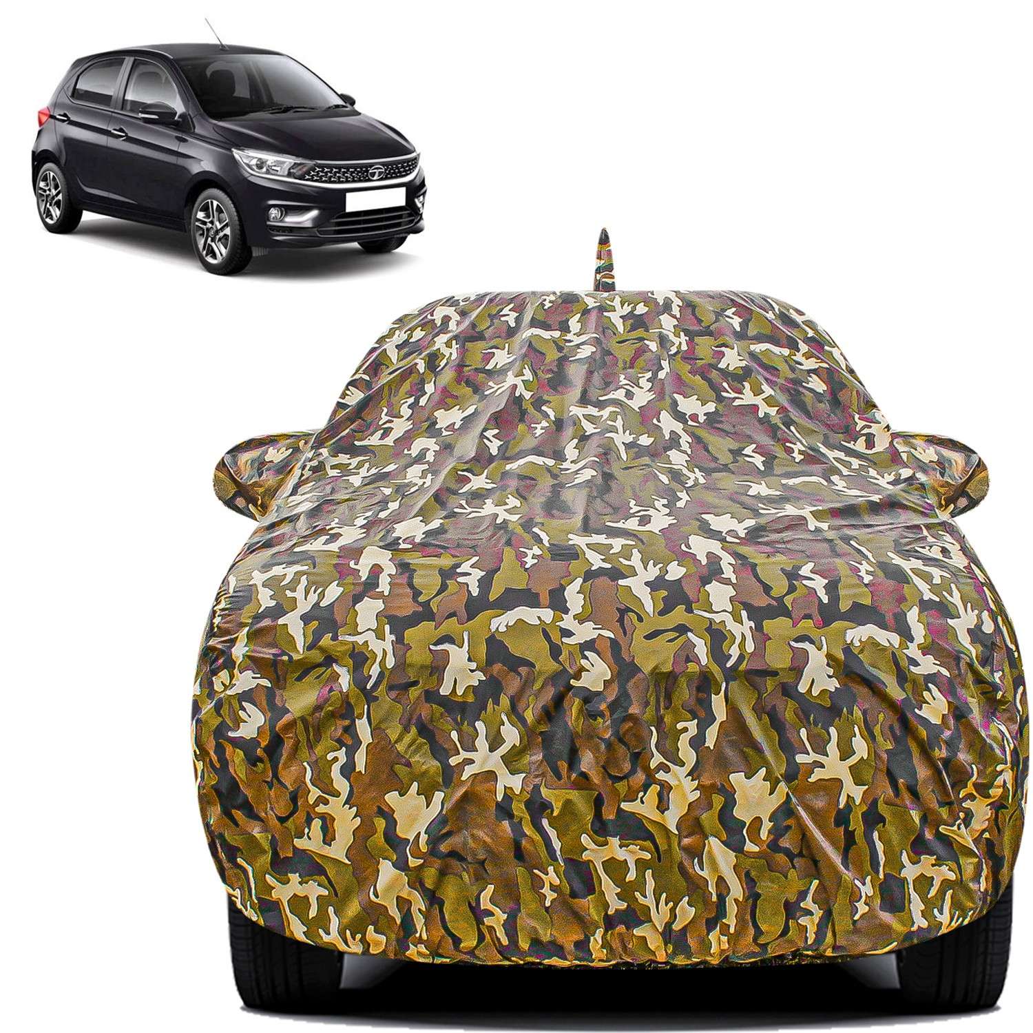 Carzex Waterproof & Heat Resistant Jungle Print Camouflage Design Car Body Cover with Mirror & Antenna Pockets?For Tata Tiago