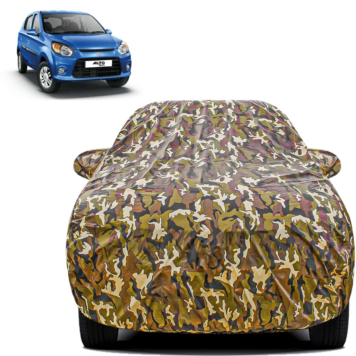Carzex Waterproof & Heat Resistant Jungle Print Camouflage Design Car Body Cover with Mirror Pockets For Maruti Suzuki Alto 800