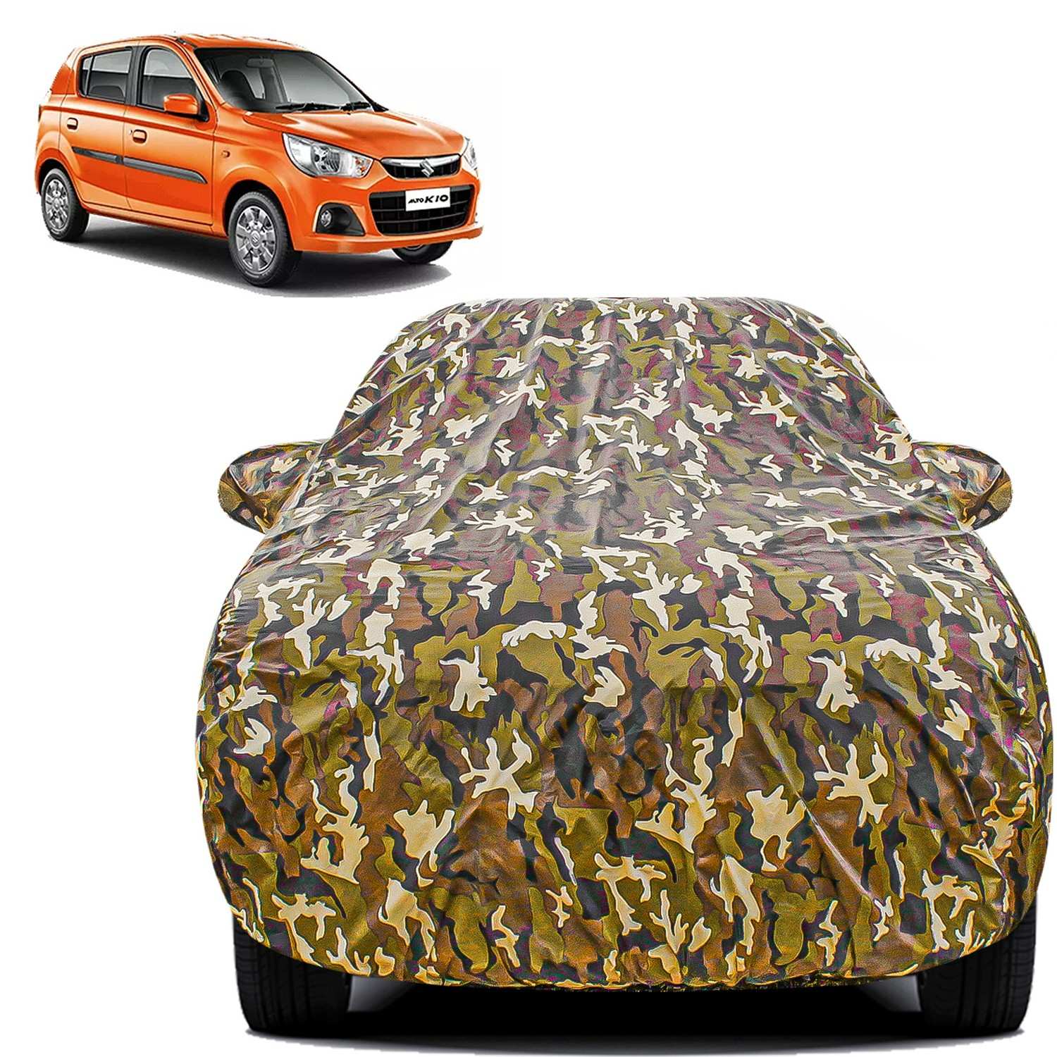 Carzex Waterproof & Heat Resistant Jungle Print Camouflage Design Car Body Cover with Mirror Pockets For Maruti Suzuki Alto K10