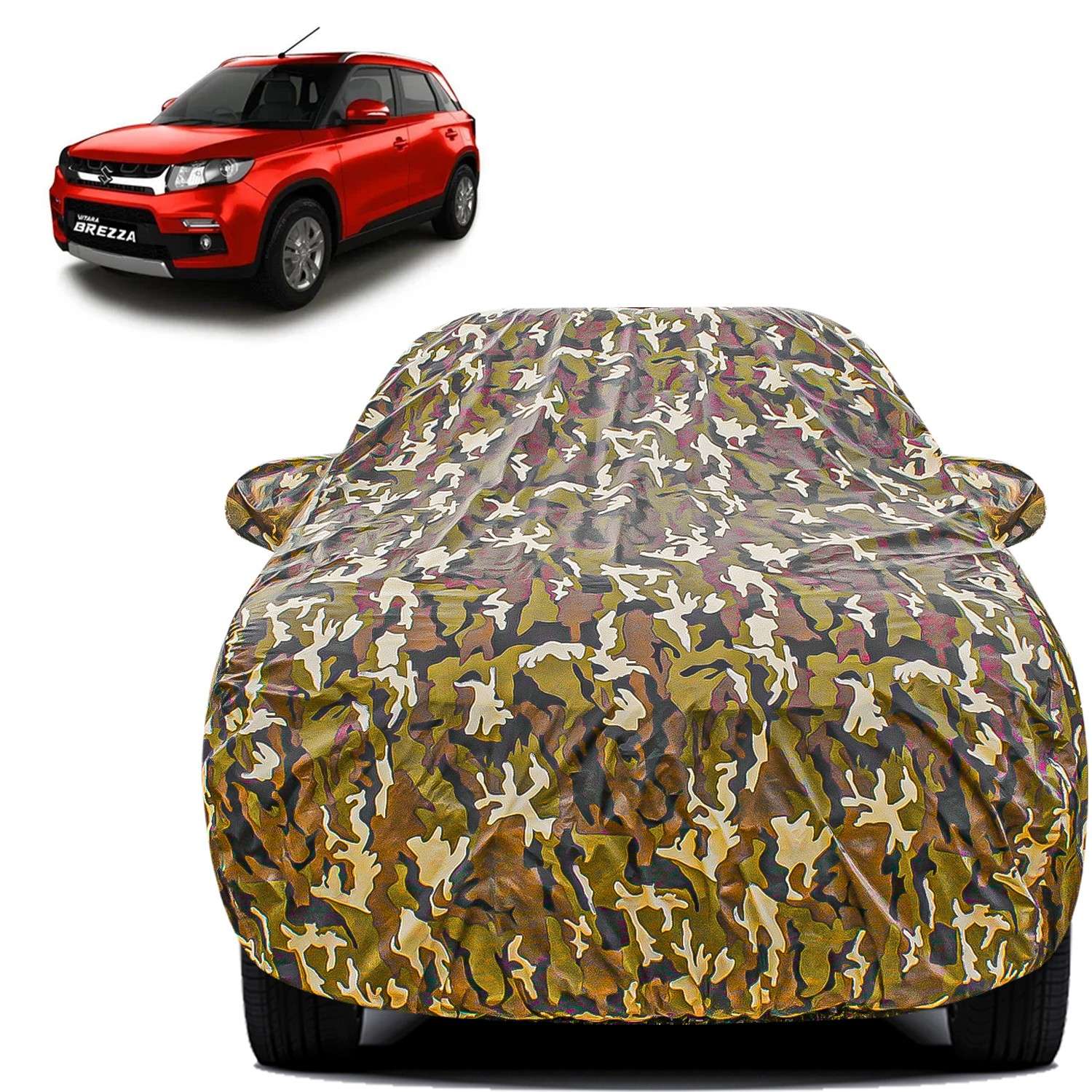 Carzex Waterproof & Heat Resistant Jungle Print Camouflage Design Car Body Cover with Mirror Pockets For Maruti Suzuki Brezza Old
