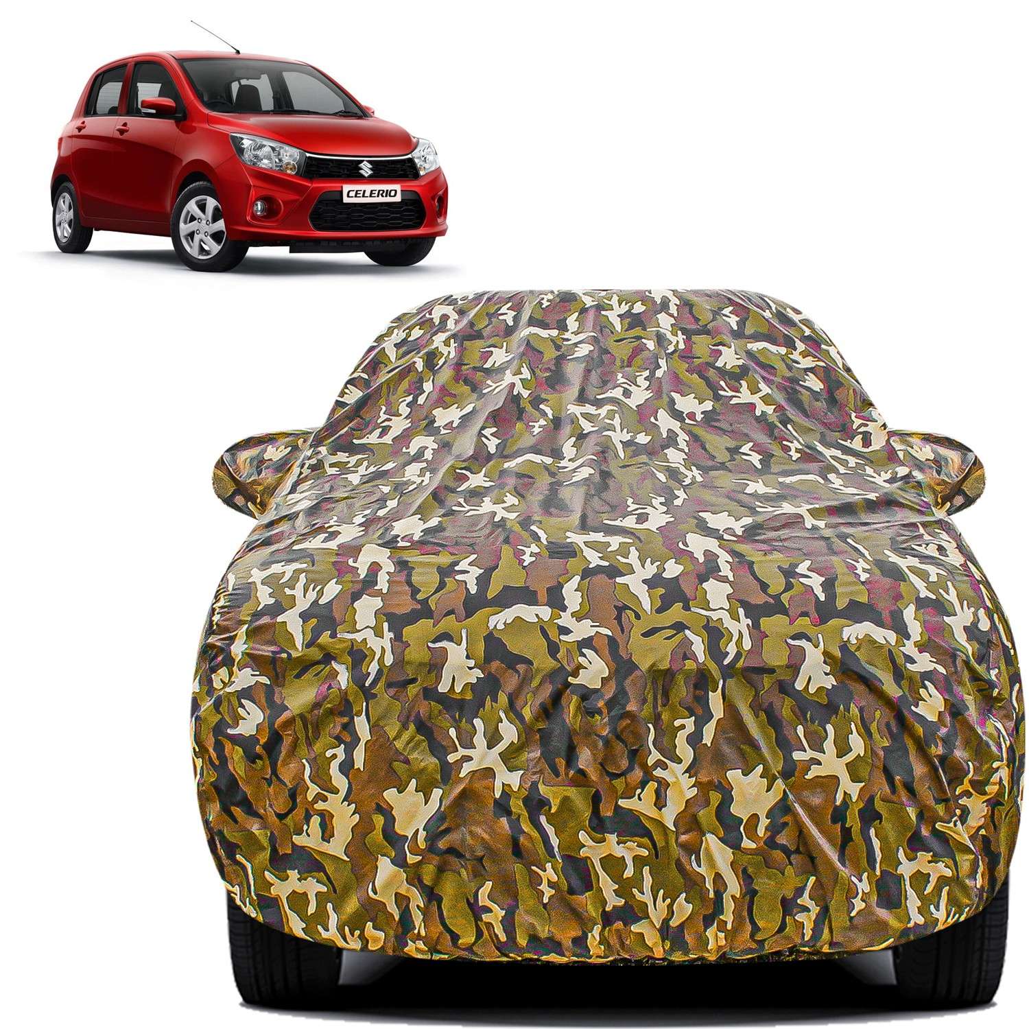 Carzex Waterproof & Heat Resistant Jungle Print Camouflage Design Car Body Cover with Mirror Pockets?For Maruti Suzuki Celerio New