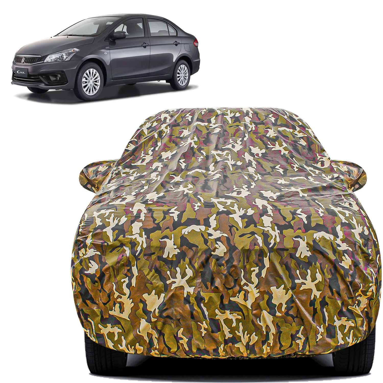 Carzex Waterproof & Heat Resistant Jungle Print Camouflage Design Car Body Cover with Mirror Pockets?For Maruti Suzuki Ciaz