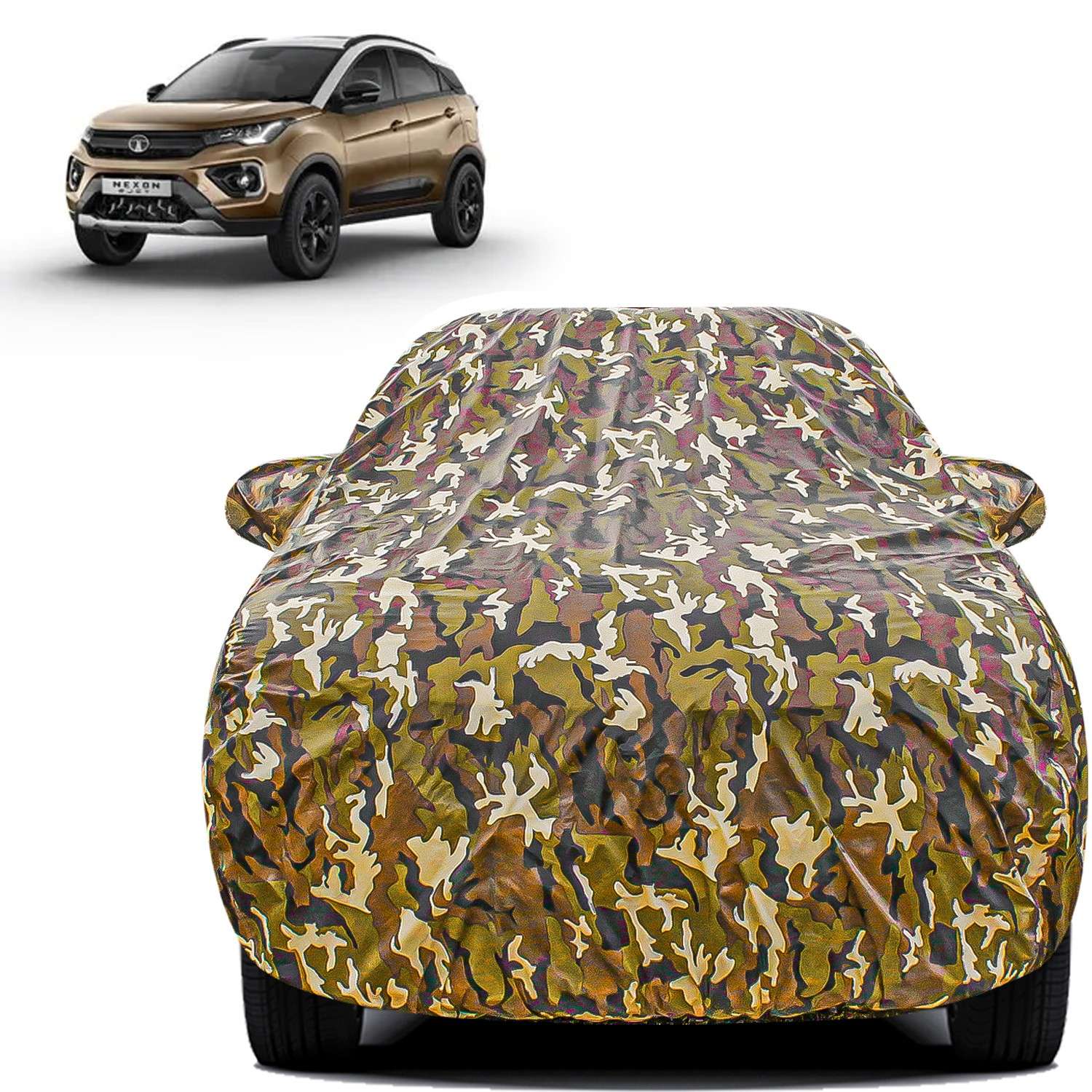 Carzex Waterproof & Heat Resistant Jungle Print Camouflage Design Car Body Cover with Mirror Pockets?For Tata Nexon