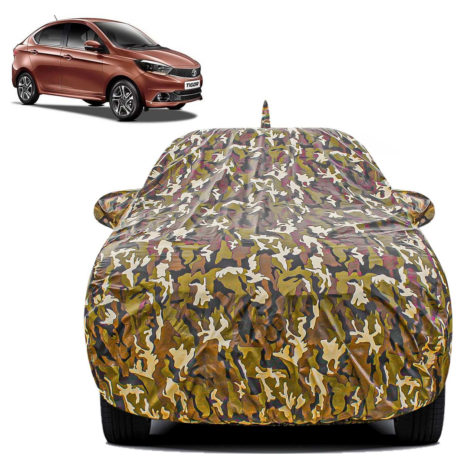 Carzex Waterproof & Heat Resistant Jungle Print Camouflage Design Car Body Cover with Mirror & Antenna Pockets?For Tata Tigor