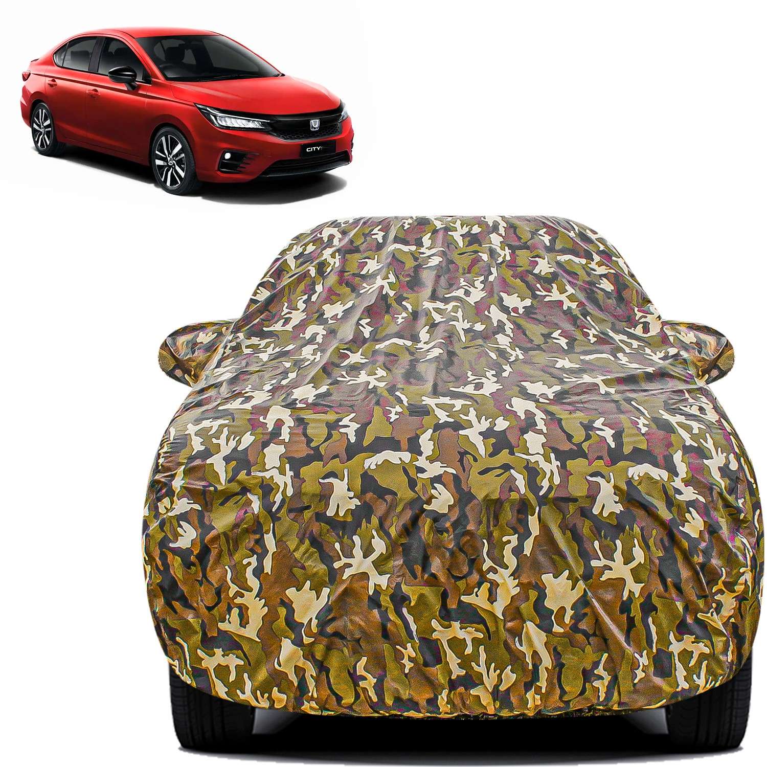 Carzex Waterproof & Heat Resistant Jungle Print Camouflage Design Car Body Cover with Mirror Pockets?For Honda City i-Vtec