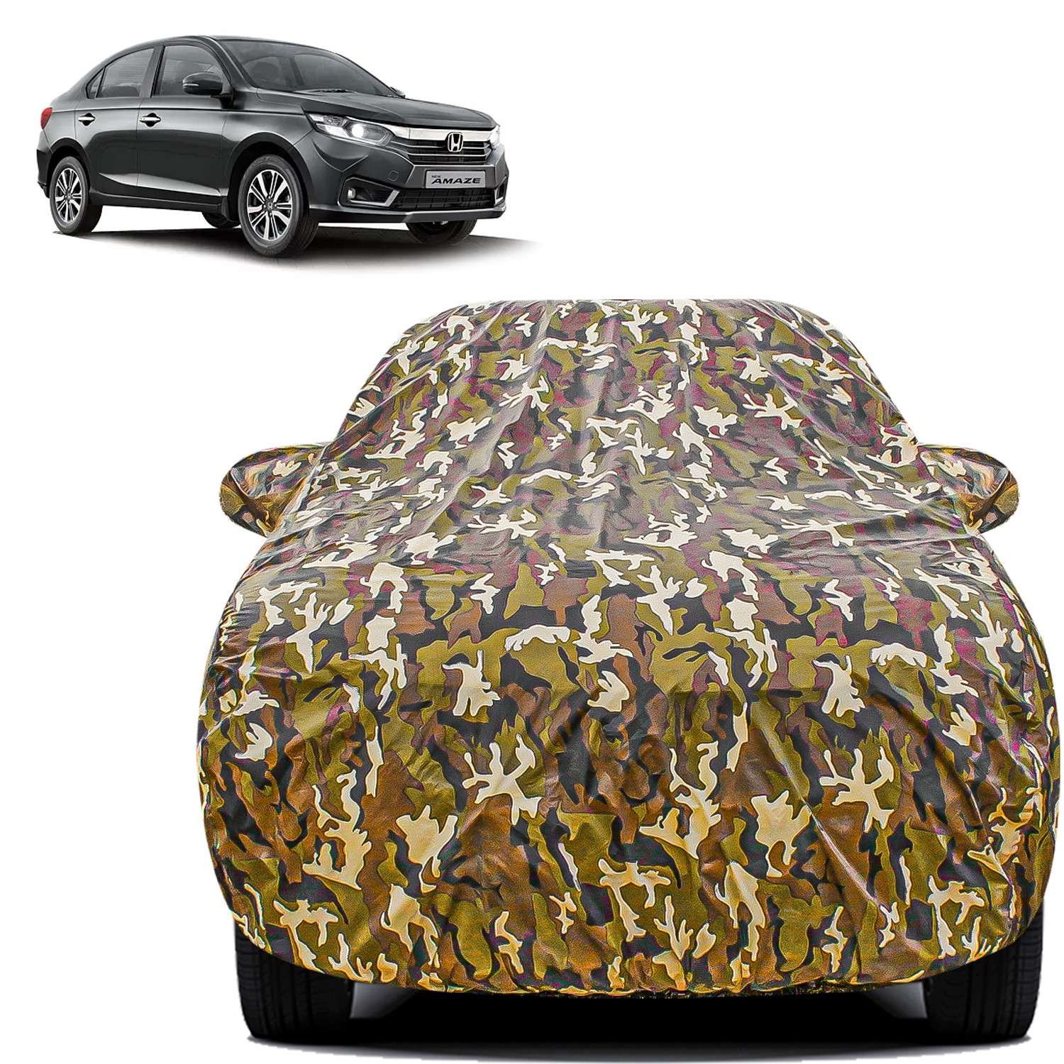 Carzex Waterproof & Heat Resistant Jungle Print Camouflage Design Car Body Cover with Mirror & Antenna Pockets?For Honda Amaze Old