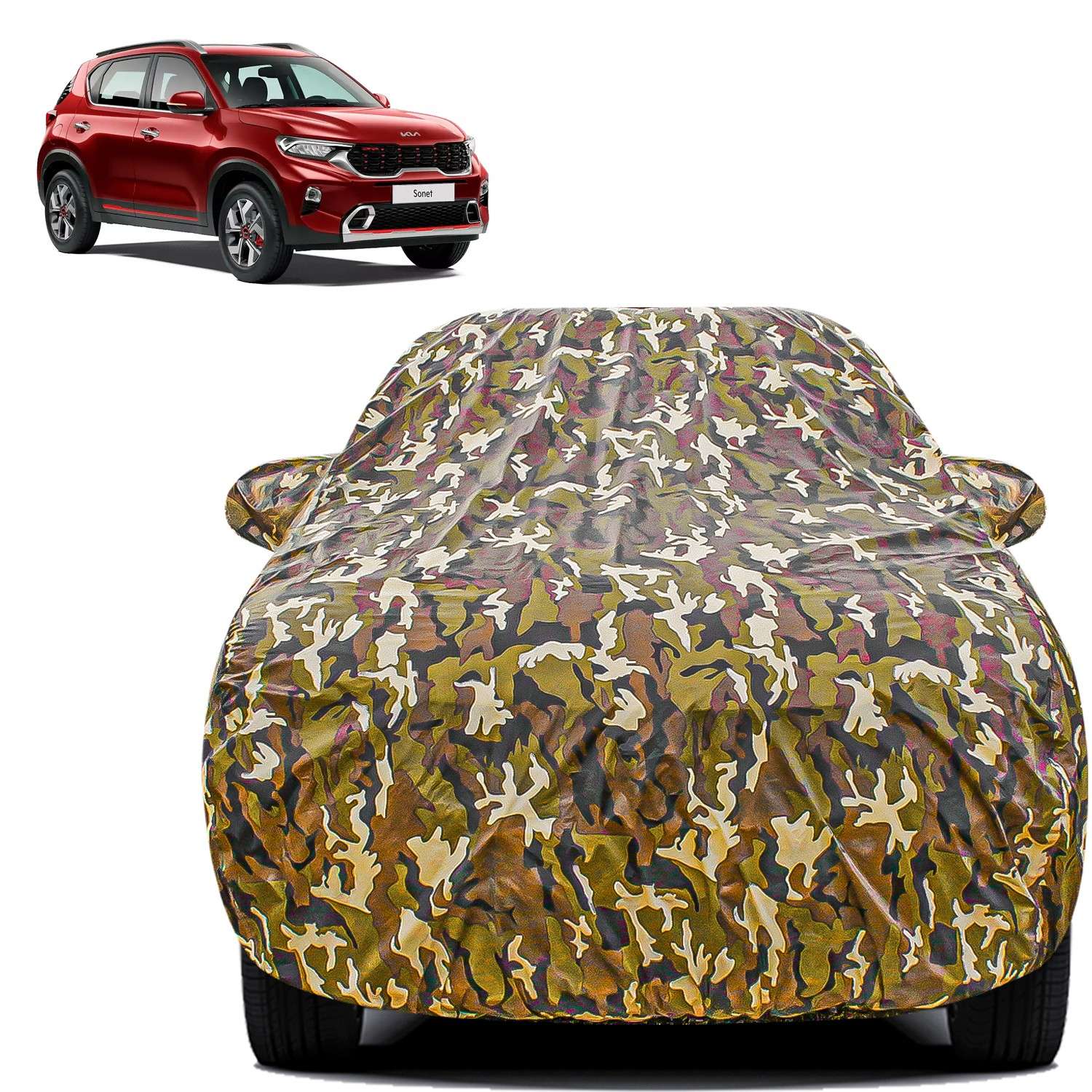 Carzex Waterproof & Heat Resistant Jungle Print Camouflage Design Car Body Cover with Mirror Pockets?For Kia Sonet