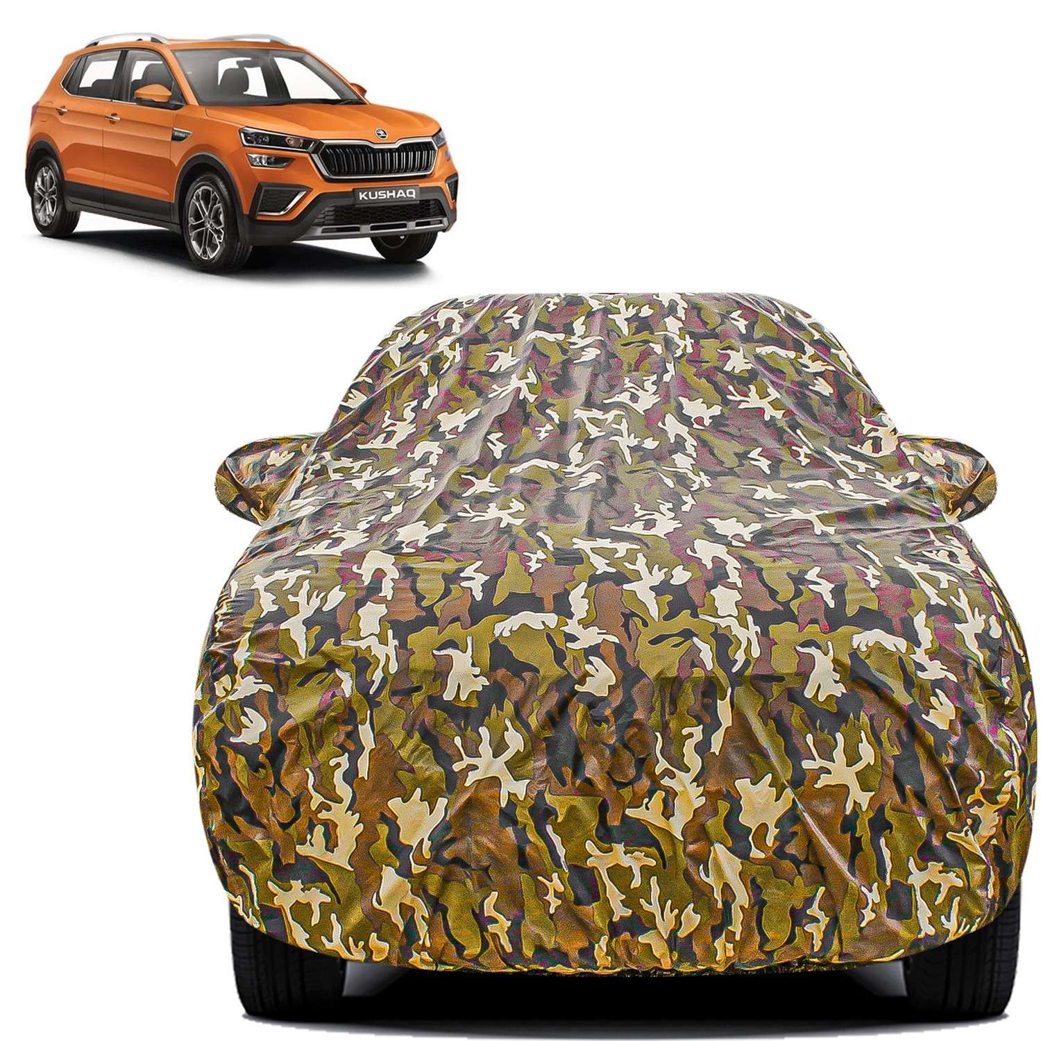 Carzex Waterproof & Heat Resistant Jungle Print Camouflage Design Car Body Cover with Mirror Pockets?For Skoda Kushaq