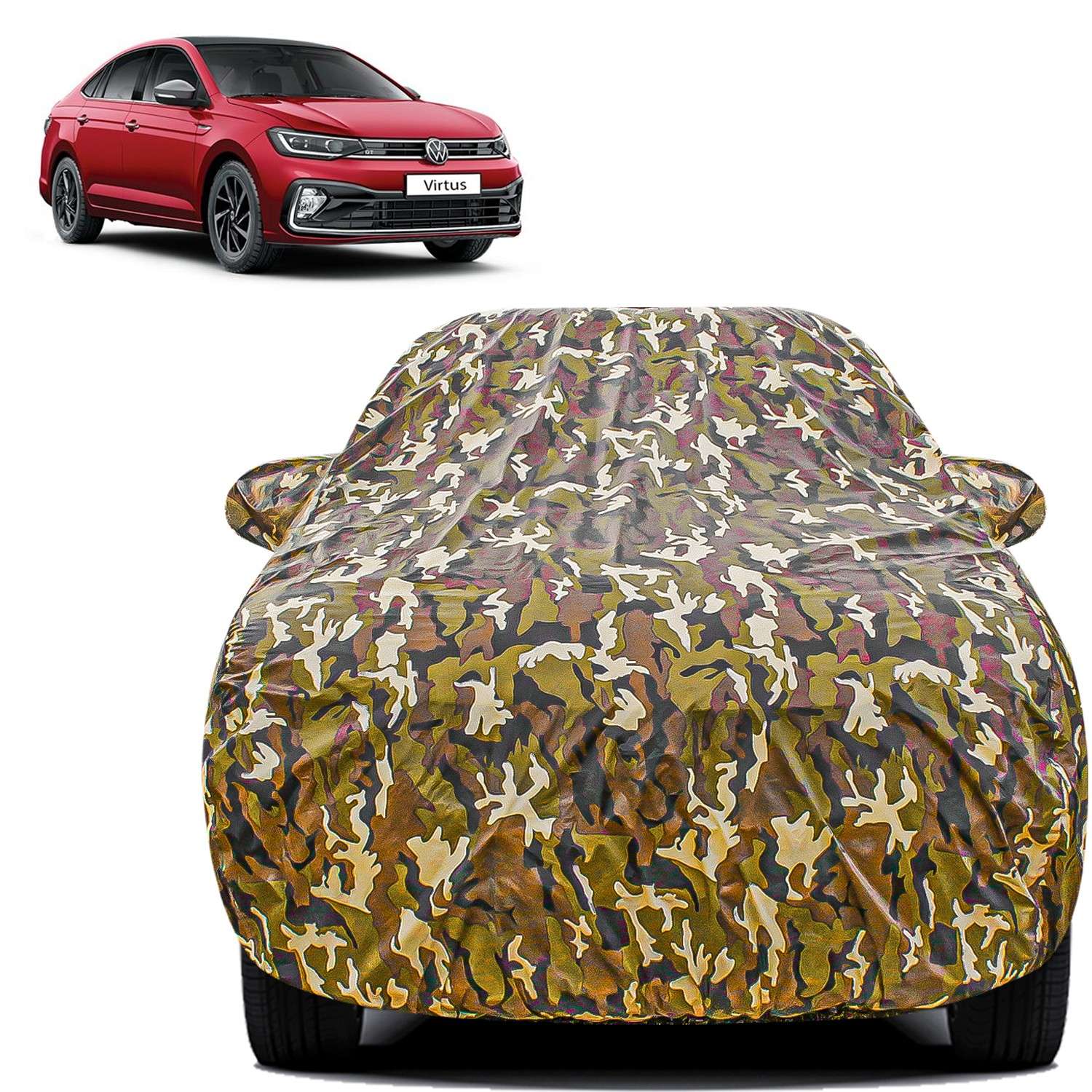 Carzex Waterproof & Heat Resistant Jungle Print Camouflage Design Car Body Cover with Mirror Pockets?For Volkswagen Virtus