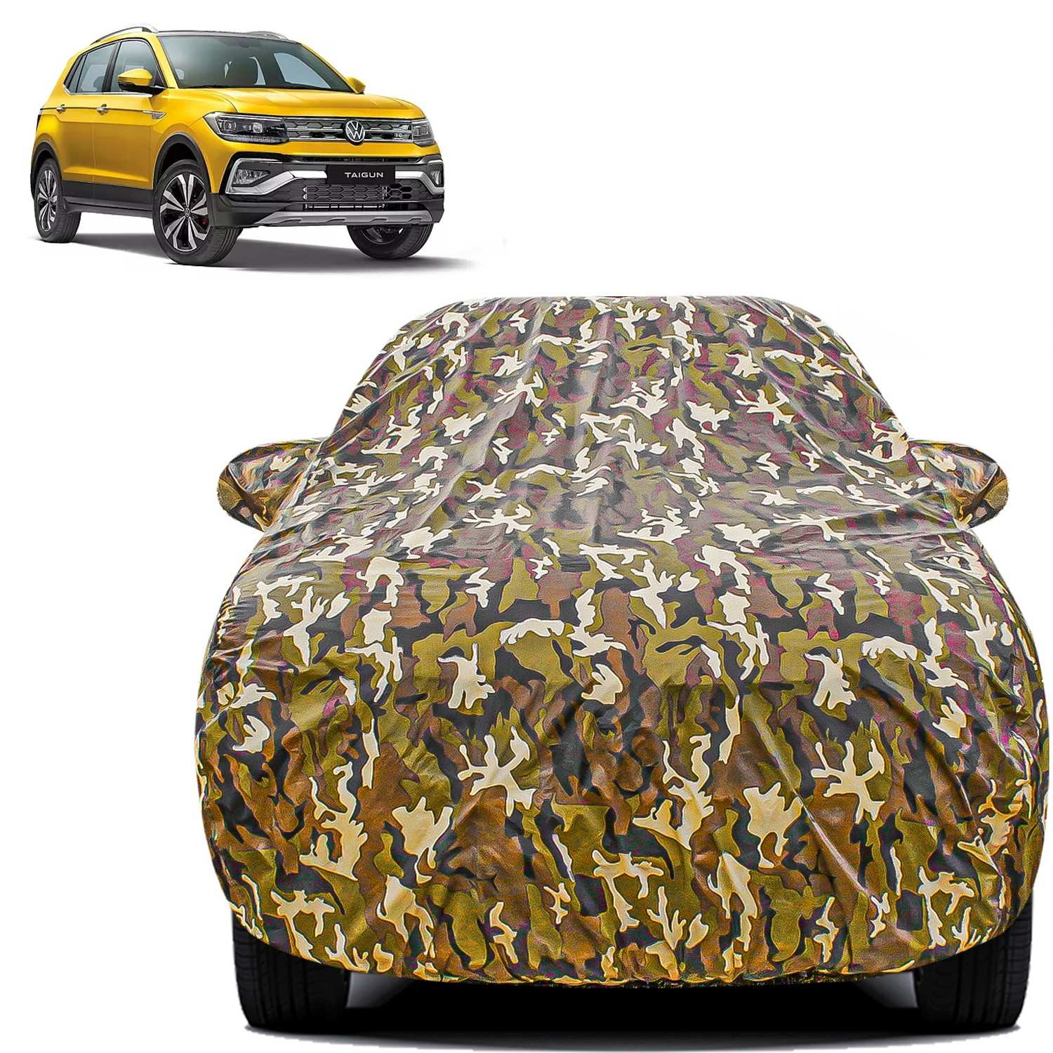 Carzex Waterproof & Heat Resistant Jungle Print Camouflage Design Car Body Cover with Mirror Pockets?For Volkswagen Taigun