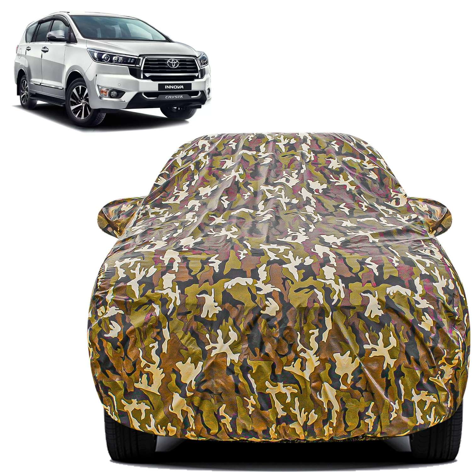 Carzex Waterproof & Heat Resistant Jungle Print Camouflage Design Car Body Cover with Mirror Pockets For Toyota Innova Crysta