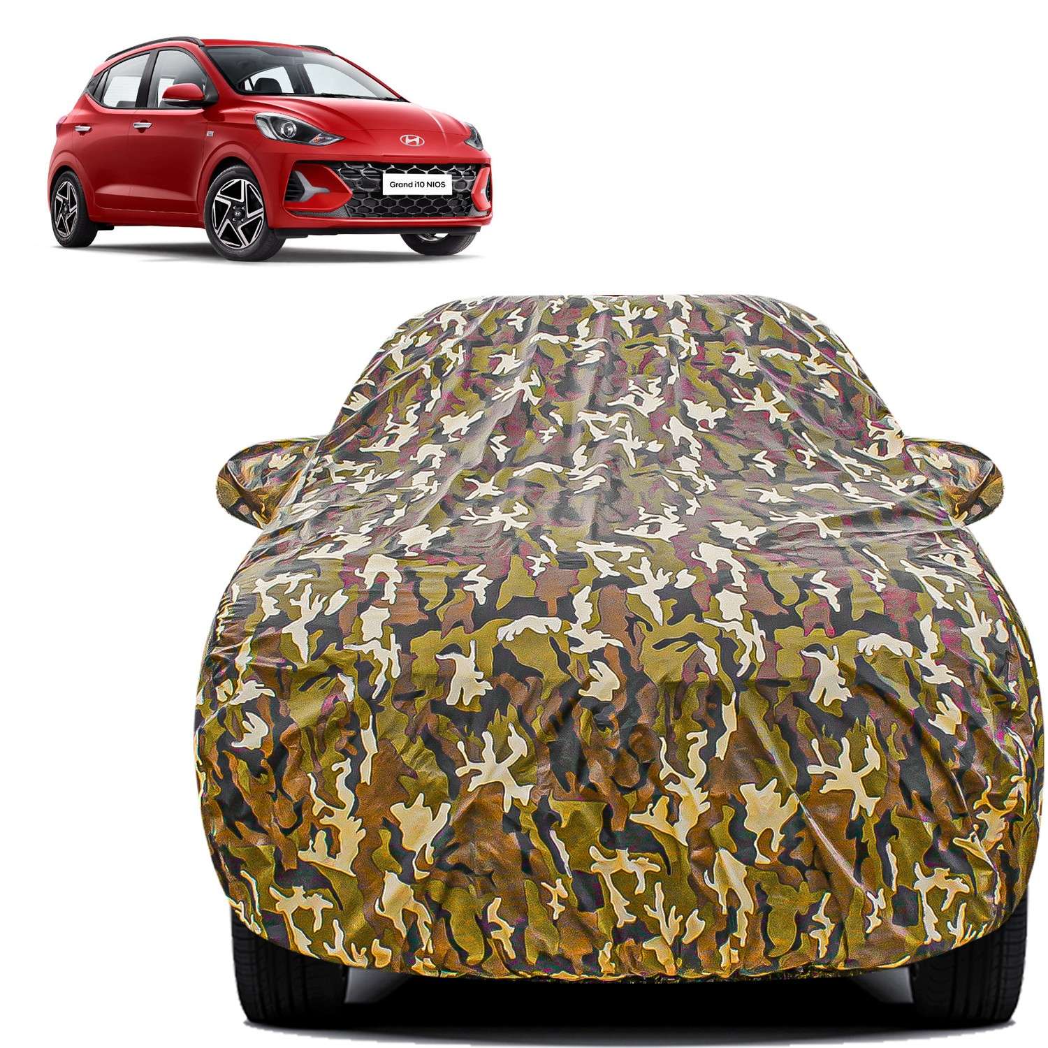 Carzex Waterproof & Heat Resistant Jungle Print Camouflage Design Car Body Cover with Mirror & Antenna Pockets For Hyundai Grand i10 NIOS