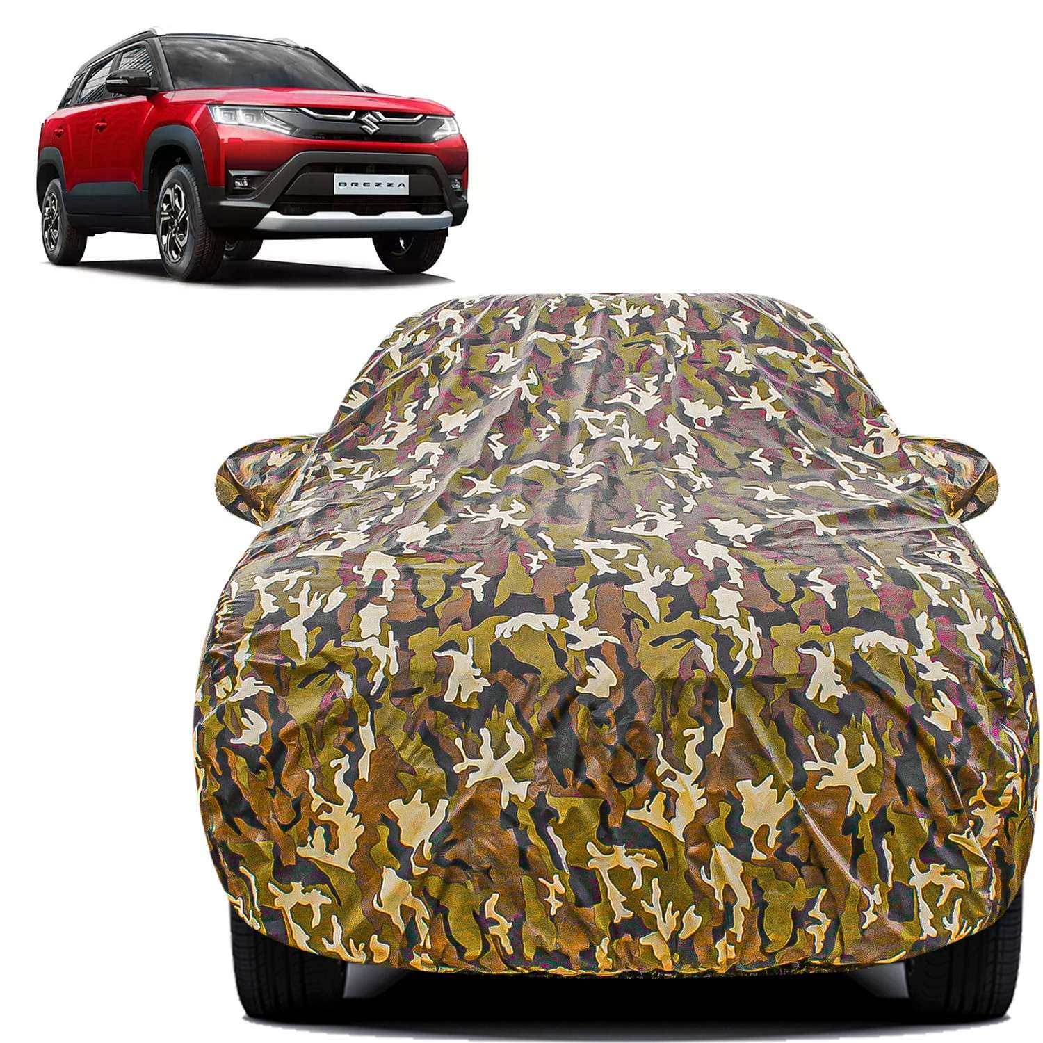 Carzex Waterproof & Heat Resistant Jungle Print Camouflage Design Car Body Cover with Mirror Pockets?For Maruti Suzuki Brezza New