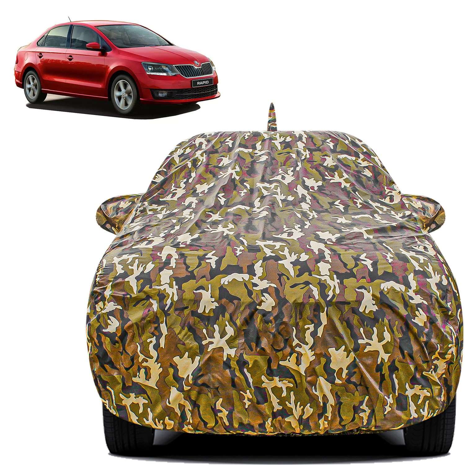 Carzex Waterproof & Heat Resistant Jungle Print Camouflage Design Car Body Cover with Mirror & Antenna Pockets?For Skoda Rapid New