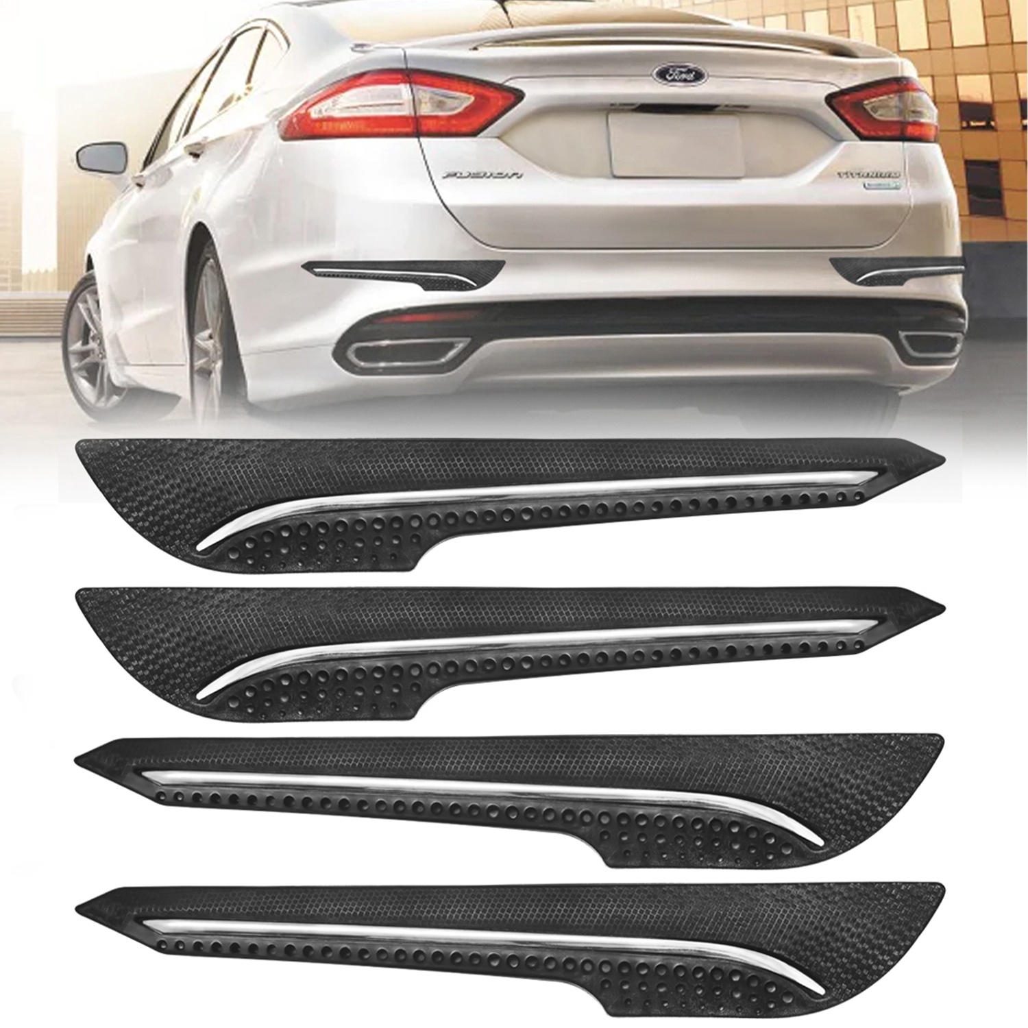 Carzex Car Bumper Protector with Single Chrome Strip for Cars (Set of 4)