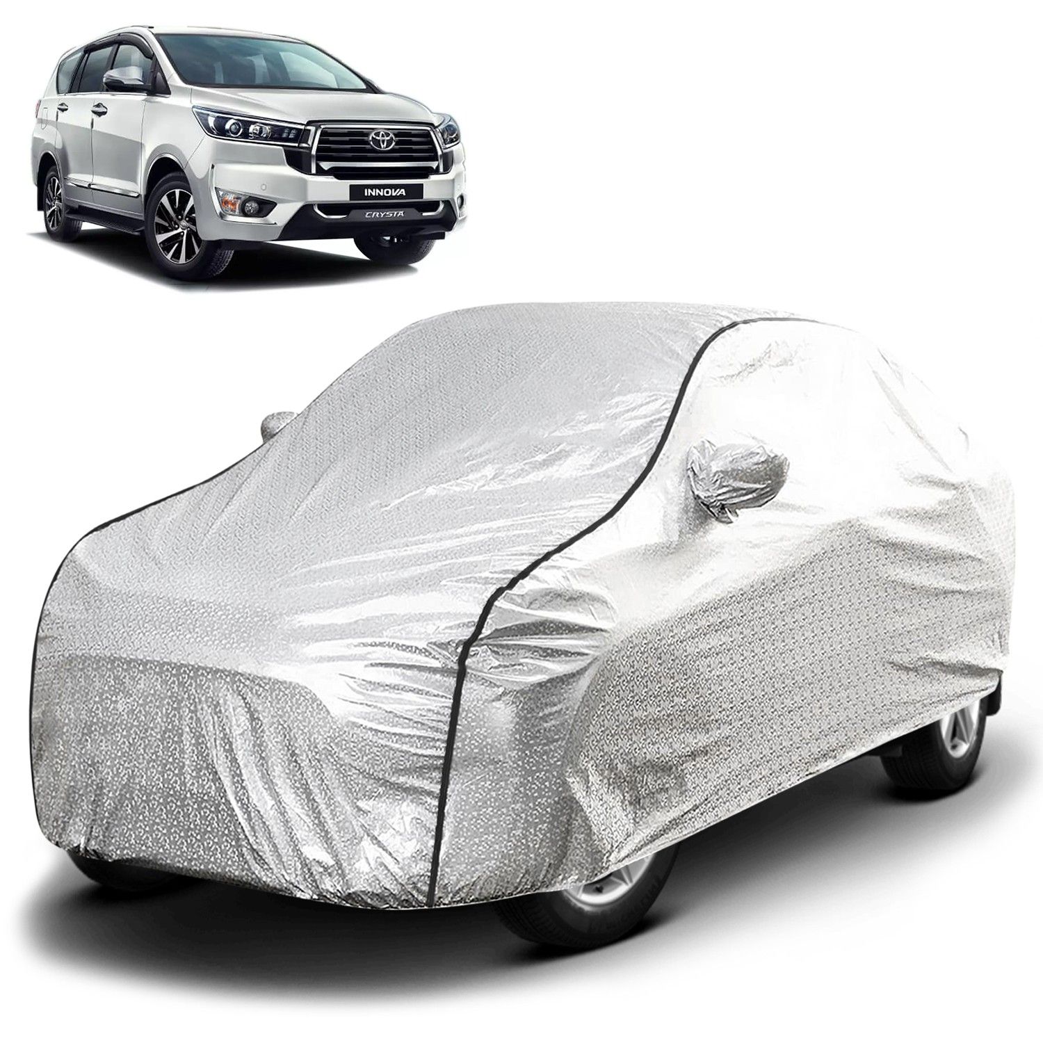 Carzex Waterproof & Heat Resistant Metallic Silver Car Body Cover with Soft Cotton Lining with Mirror Pockets - Toyota Innova Crysta