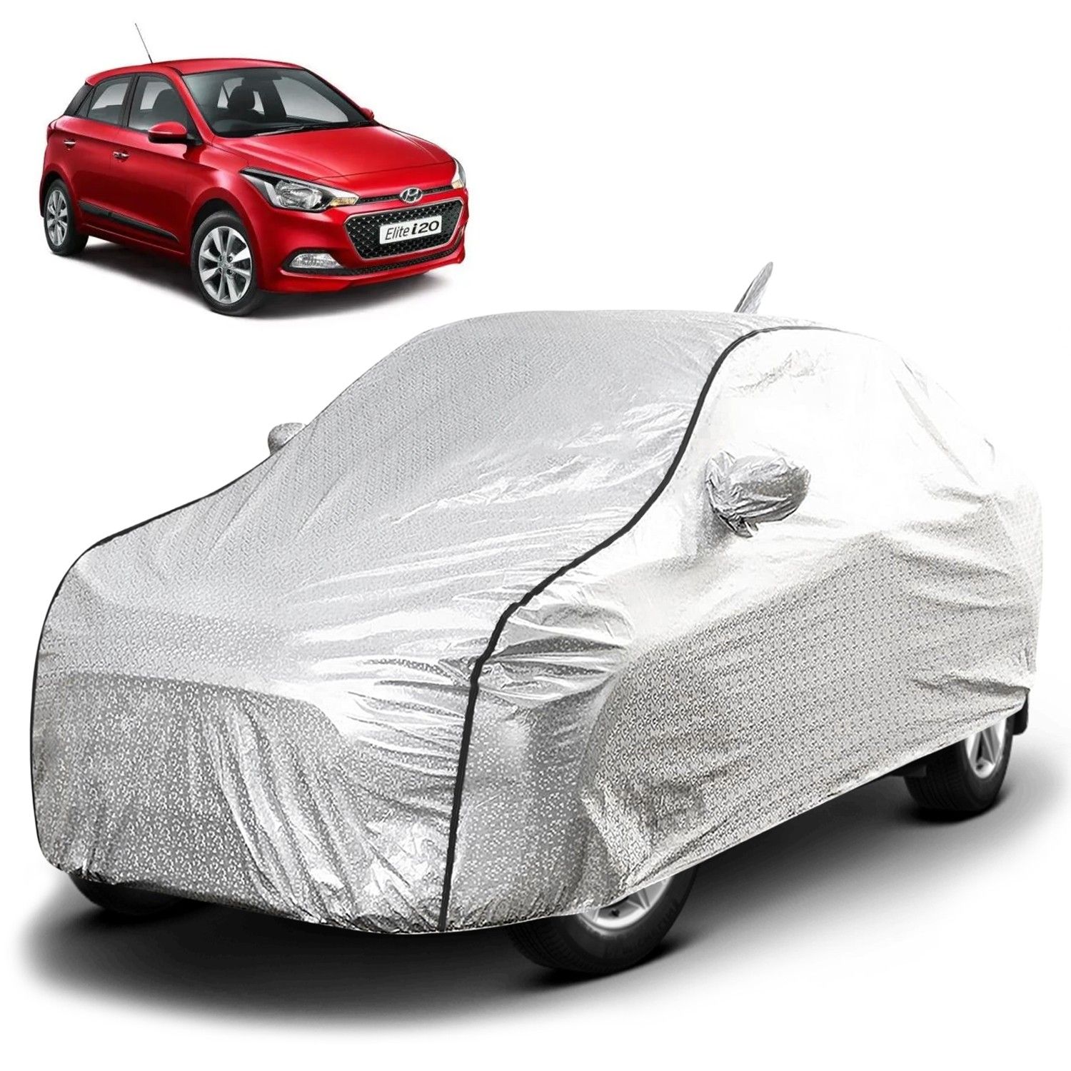 Carzex Waterproof & Heat Resistant Metallic Silver Car Body Cover with Soft Cotton Lining with Mirror & Antenna Pockets - Hyundai Elite i20