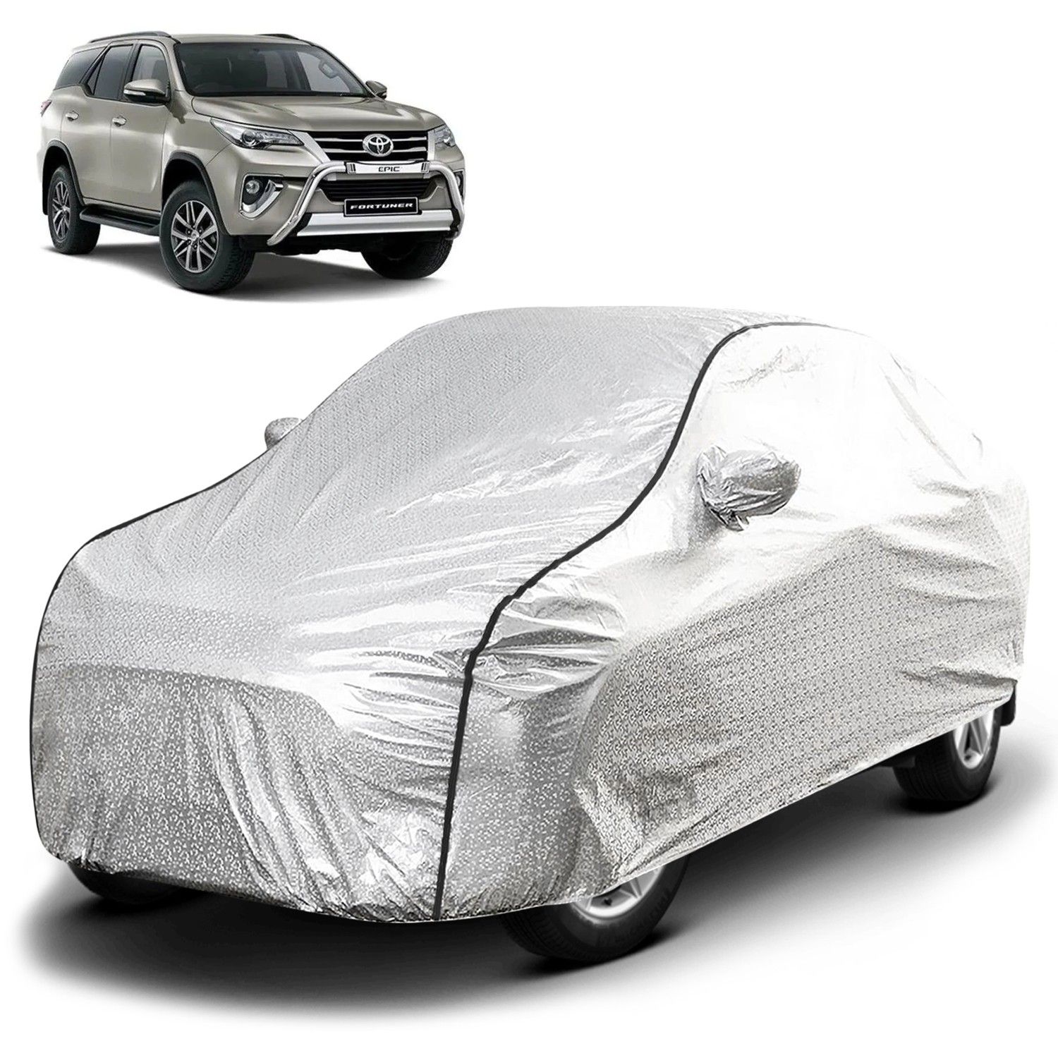 Carzex Waterproof & Heat Resistant Metallic Silver Car Body Cover with Soft Cotton Lining with Mirror Pockets - Toyota Fortuner