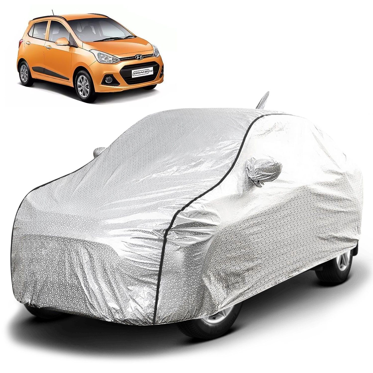 Carzex Waterproof & Heat Resistant Metallic Silver Car Body Cover with Soft Cotton Lining with Mirror & Antenna Pockets - Hyundai Grand i10
