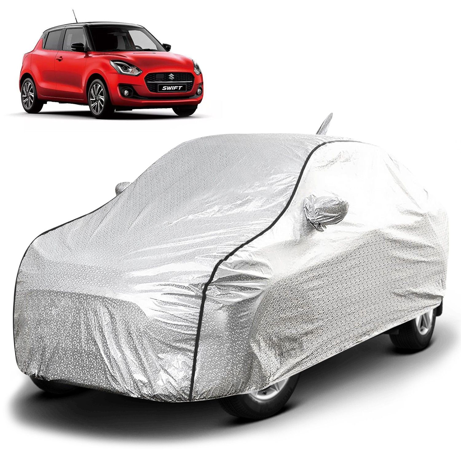 Carzex Waterproof & Heat Resistant Metallic Silver Car Body Cover with Soft Cotton Lining with Mirror & Antenna Pockets - Maruti Suzuki Swift 2018-2019