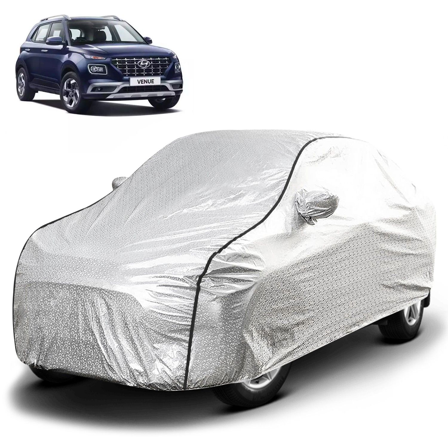 Carzex Waterproof & Heat Resistant Metallic Silver Car Body Cover with Soft Cotton Lining with Mirror & Antenna Pockets - Hyundai Venue