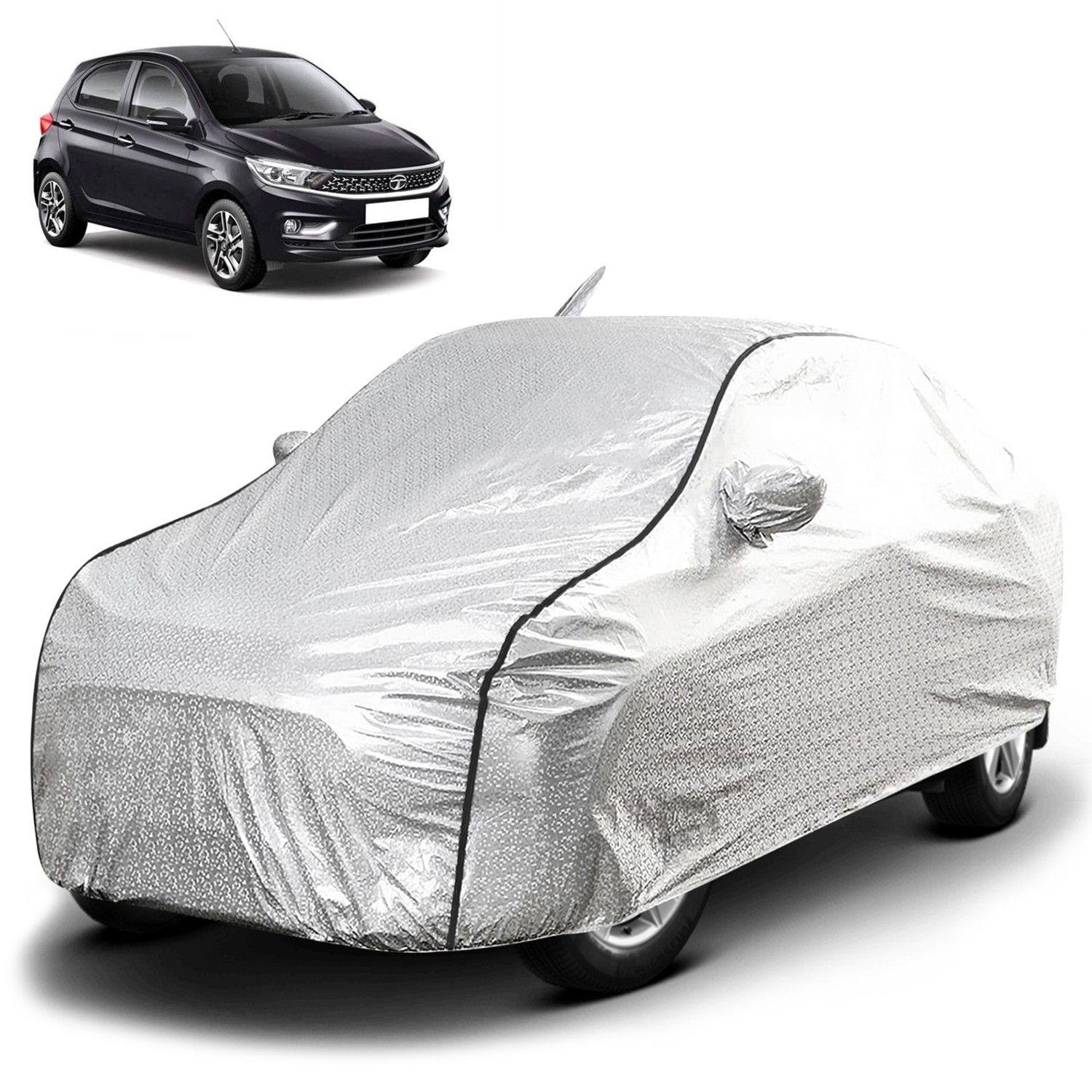 Carzex Waterproof & Heat Resistant Metallic Silver Car Body Cover with Soft Cotton Lining with Mirror & Antenna Pockets - Tata Tiago