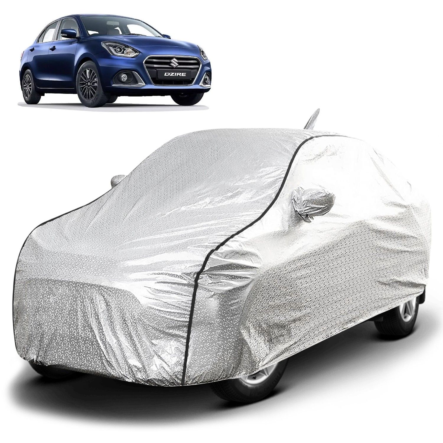 Carzex Waterproof & Heat Resistant Metallic Silver Car Body Cover with Soft Cotton Lining with Mirror & Antenna Pockets - Maruti Suzuki Dzire 2018-2019