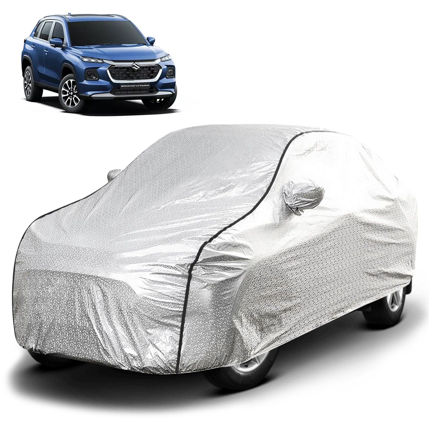 Carzex Waterproof & Heat Resistant Metallic Silver With Black Border Car Body Cover with Mirror Pockets For Maruti Suzuki Grand Vitara