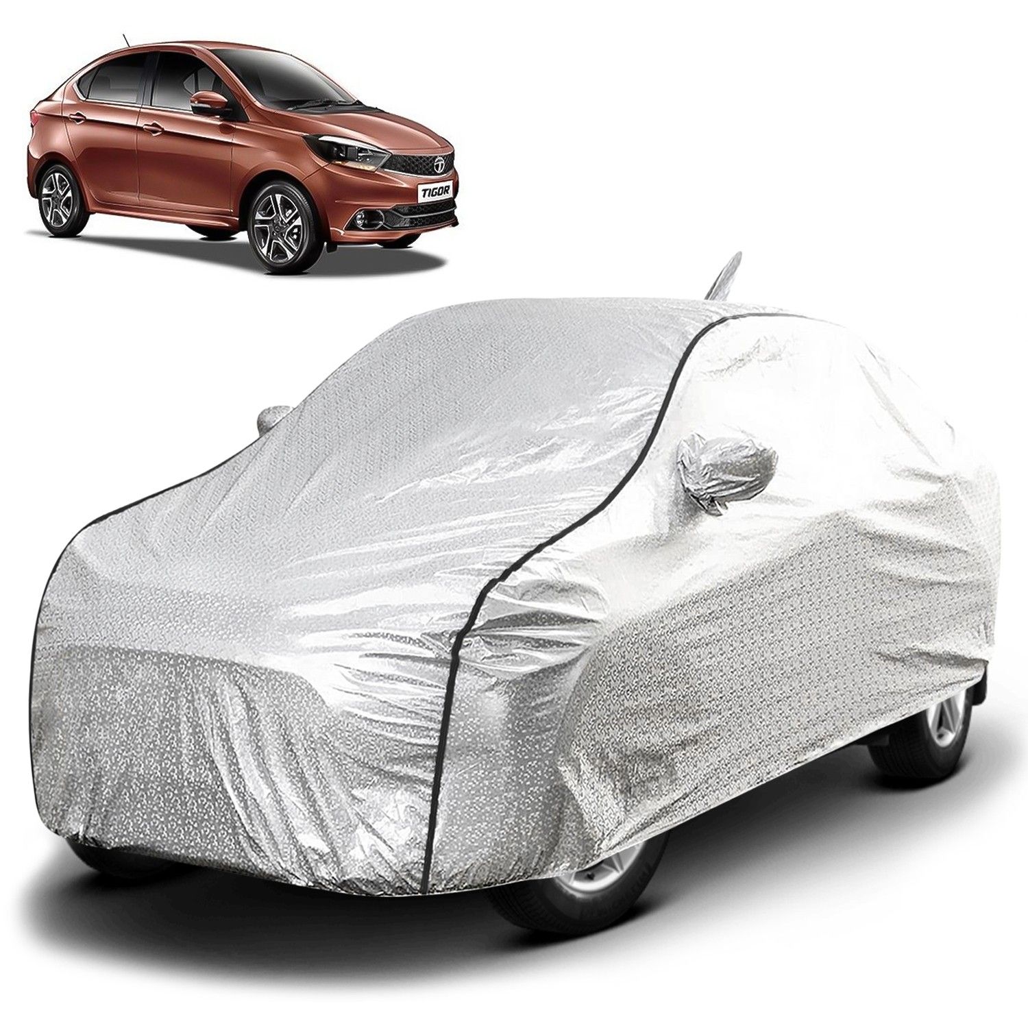 Carzex Waterproof & Heat Resistant Metallic Silver With Black Border Car Body Cover with Mirror & Antenna Pockets For Tata Tigor