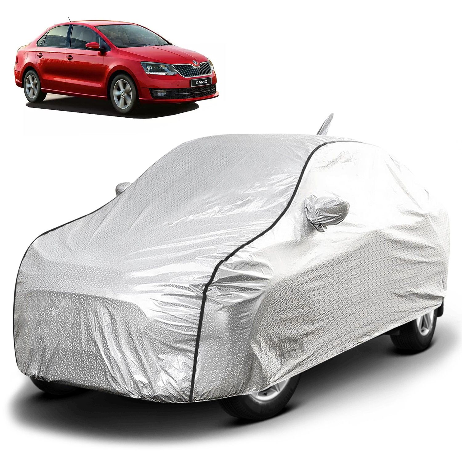 Carzex Waterproof & Heat Resistant Metallic Silver With Black Border Car Body Cover with Mirror & Antenna Pockets For Skoda Rapid Old