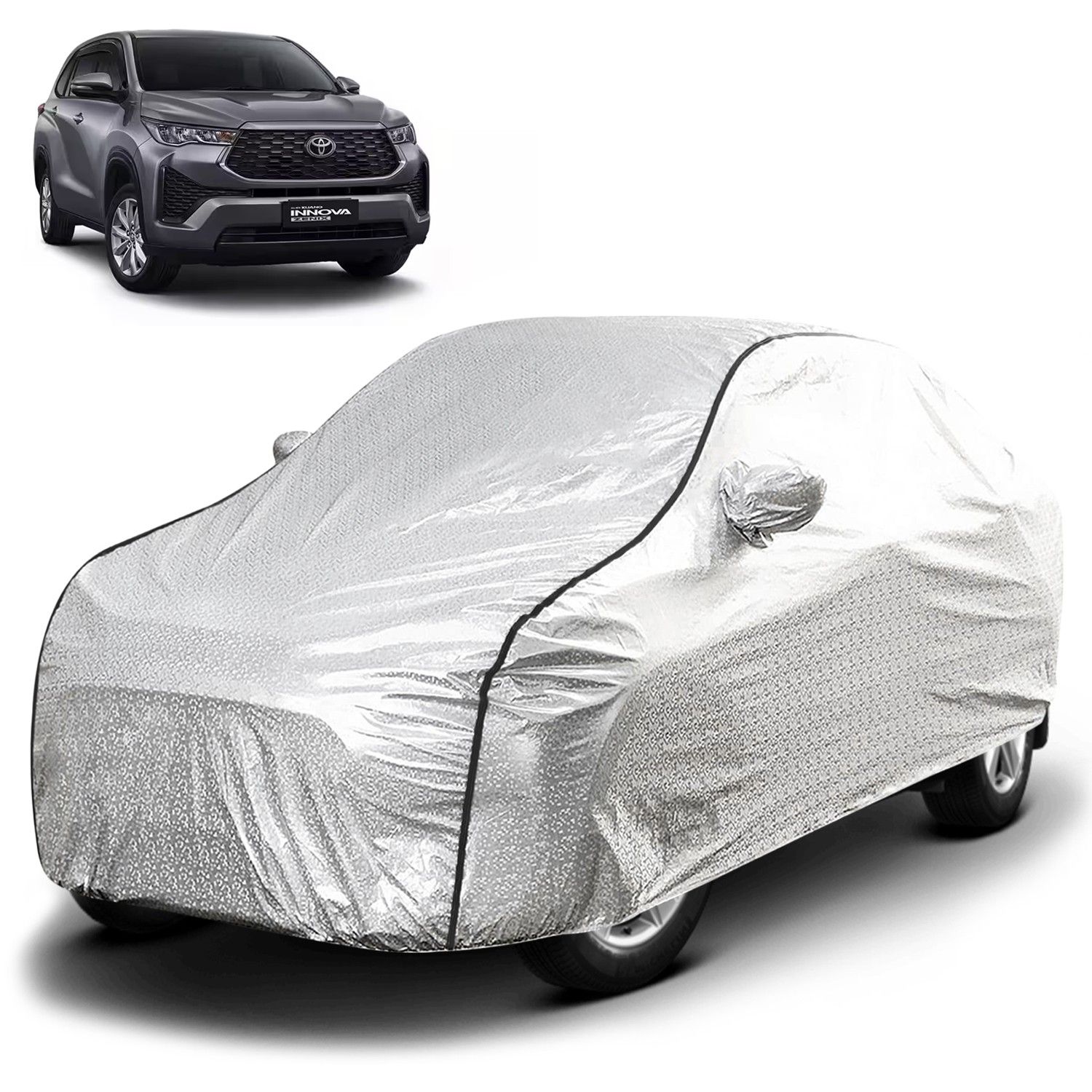 Carzex Waterproof & Heat Resistant Metallic Silver With Black Border Car Body Cover with Mirror Pockets For Toyota Innova