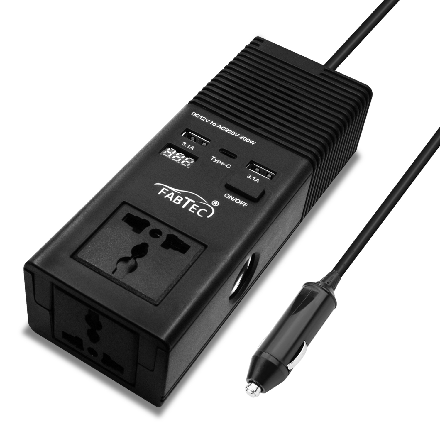 Carzex 200W Car Power Inverter/Laptop Charger with 2 USB(3.1A Max) + 1 C Type Smart USB Charging Ports with LED Digital Display, 12V DC to 220V AC, 2X Universal AC Outlet, Black,