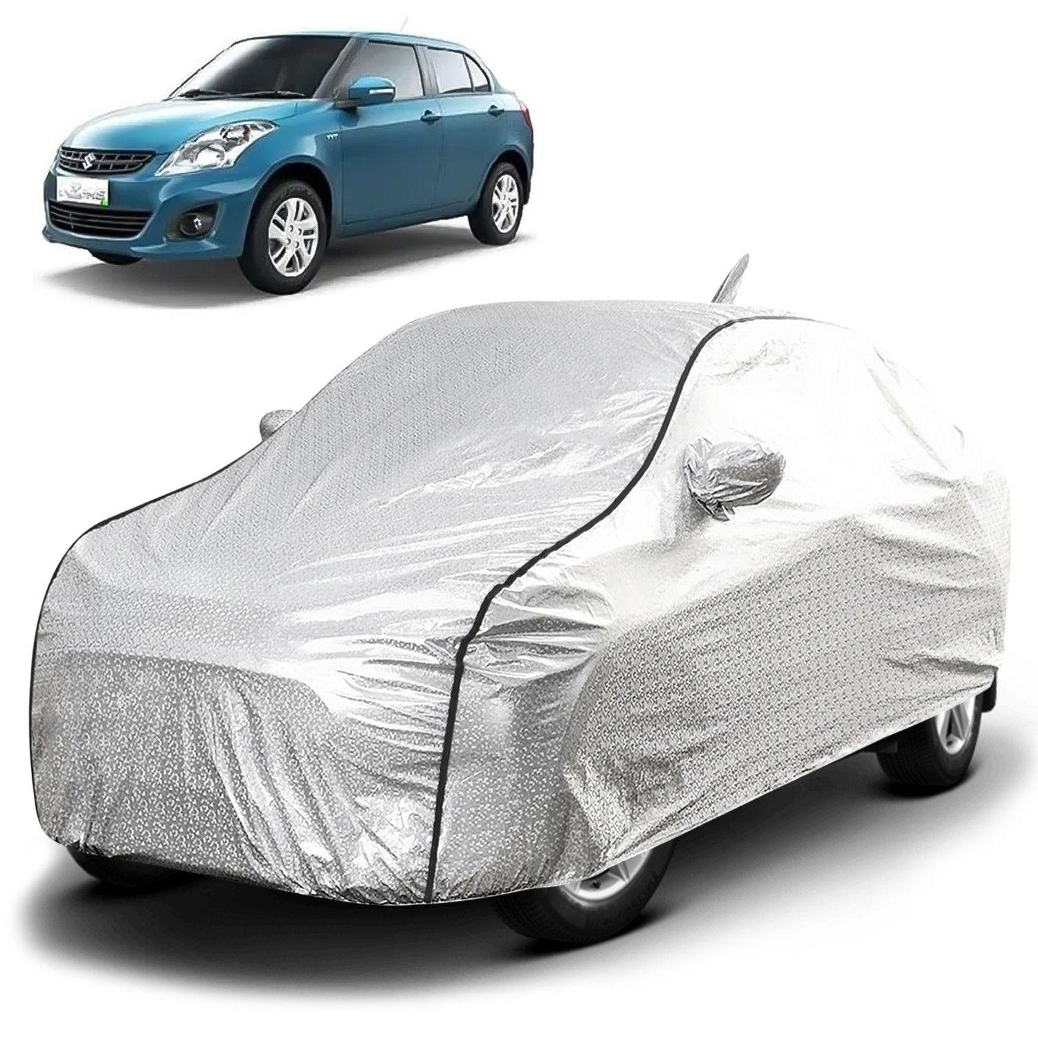 Carzex Waterproof & Heat Resistant Metallic Silver Car Body Cover with Soft Cotton Lining with Mirror & Antenna Pockets - Maruti Suzuki Dzire 2012-2017