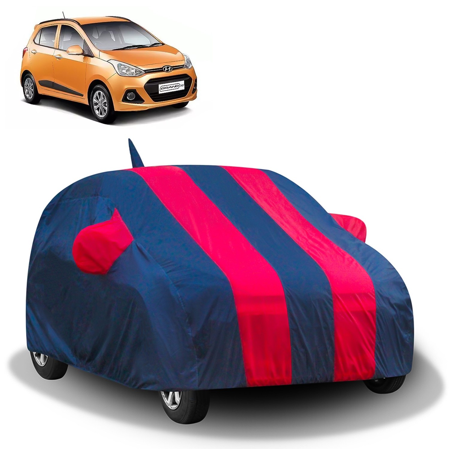 Carzex Stylish Red & Blue Stripes Car Body Cover with Mirror & Antenna Pockets for Hyundai Grand i10