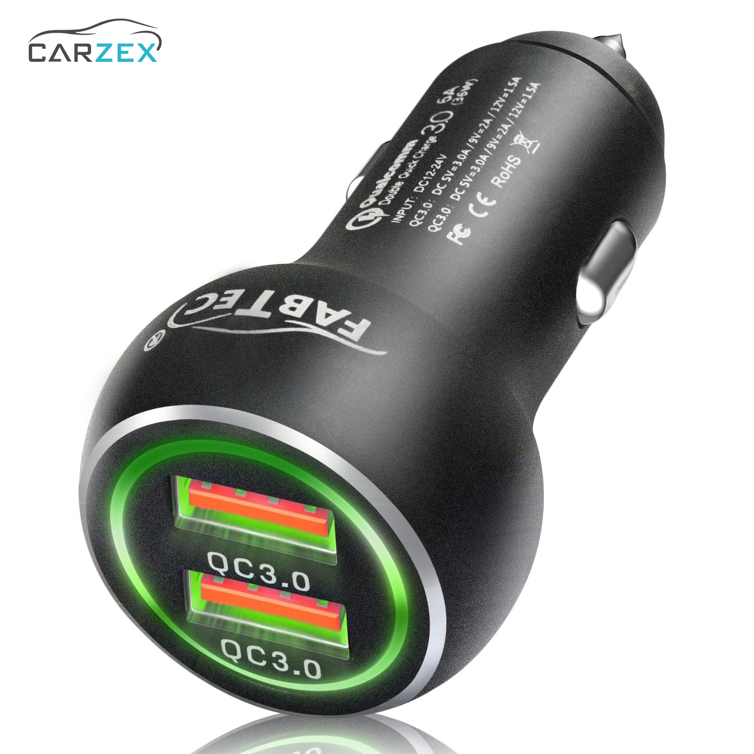 Carzex 4.8A Dual Port Smart and; Rapid Charging Car Mobile/iPad/Tablet Charger with 3 in 1 USB Nylon Braided USB Charging Cable for Samsung, iPhone and; Type C Android Phones