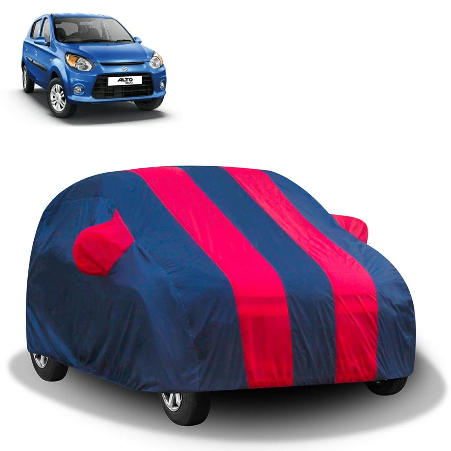 Carzex Stylish Red & Blue Stripes Car Body Cover with Mirror Pockets for Maruti Suzuki Alto 800