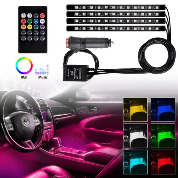 Carzex Car Atmosphere Light 12 LED Set of 4 RGB Multi Color Car Interior Music Light Under Dash LED Lighting Kit with Sounds Activated Wireless IR Remote Control