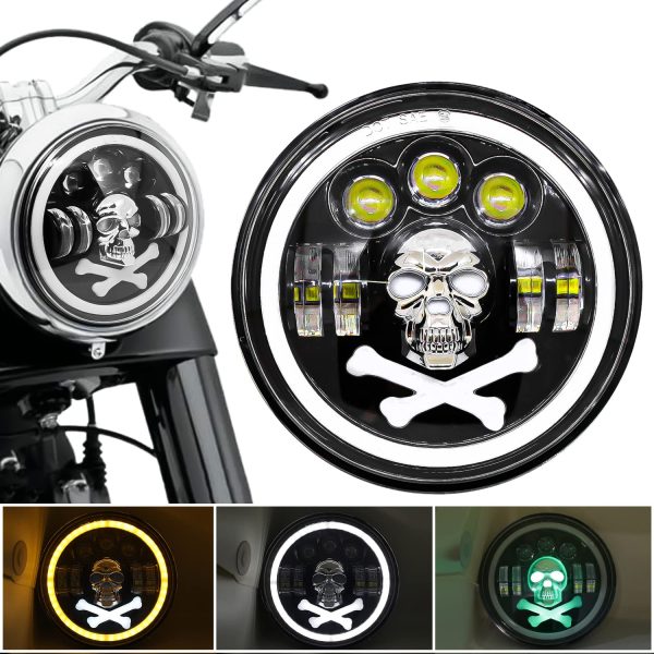 Carzex Skull Design 7 Inch LED Headlight for RE Bullet Classic/Standard with DRL & Turn Signal Indicator Light