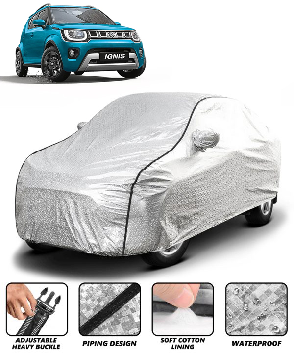 Carzex Waterproof & Heat Resistant Metallic Silver With Black Border Car Body Cover with Mirror & Antenna Pockets For Maruti Suzuki Ignis