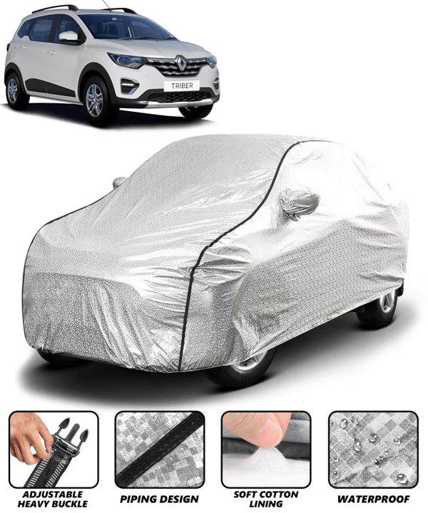 Carzex Waterproof & Heat Resistant Metallic Silver With Black Border Car Body Cover with Mirror Pockets For Renault Triber