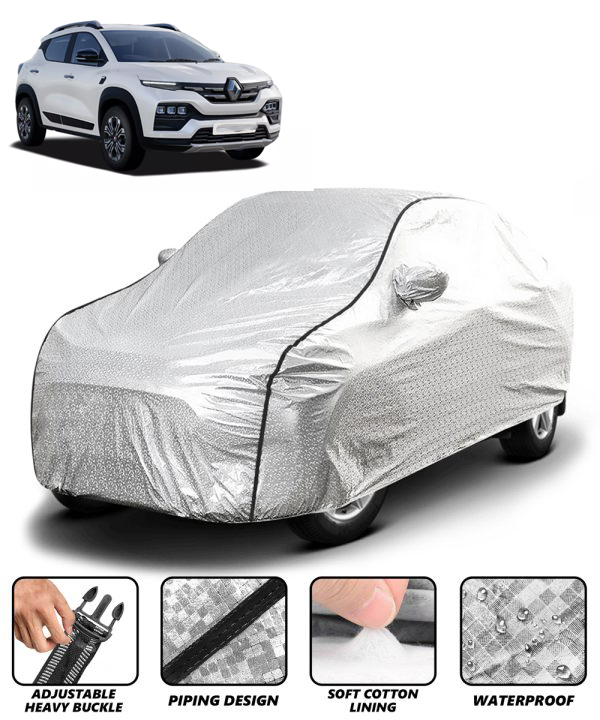 Carzex Waterproof & Heat Resistant Metallic Silver With Black Border Car Body Cover with Mirror Pockets For Renault Kiger