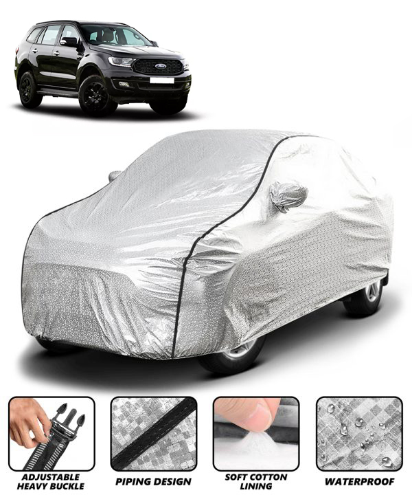 Carzex Waterproof & Heat Resistant Metallic Silver With Black Border Car Body Cover with Mirror Pockets For Ford Endeavour